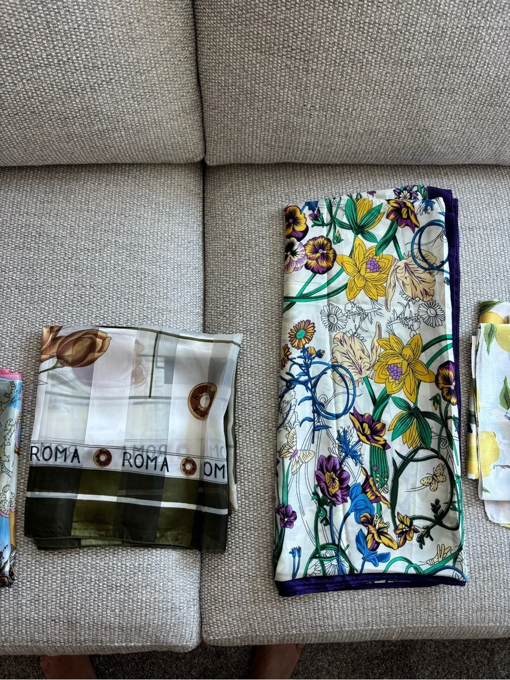 Set of (5) silky scarves purchased in various countries Italy Argentina France